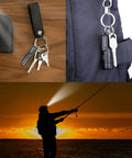 Rechargeable Keychain Flashlight 650 Lumens EDC Pocket Light attached to keys and backpack, used while fishing at sunset