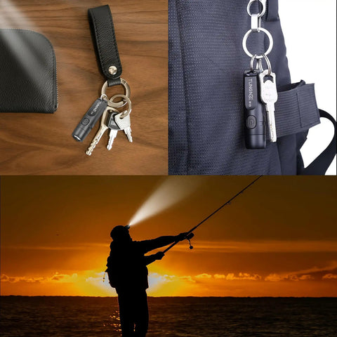 Rechargeable Keychain Flashlight 650 Lumens EDC Pocket Light attached to keys and backpack, used while fishing at sunset
