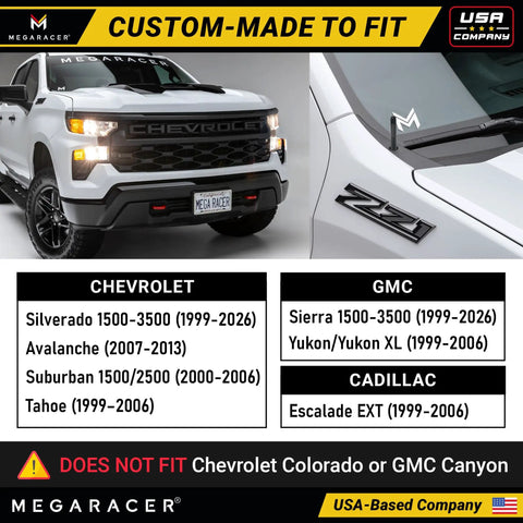 Stubby Black Carbon Fiber Truck Antenna for Chevy Silverado and GMC Sierra 1999-2026 shown on a white pickup.