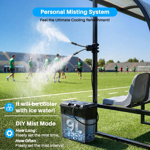 Portable Outdoor Misting System With 9L Water Bucket, Built-In 10000mAh Battery And PCS Pump on sports field misting players