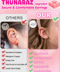 16 Pairs Hypoallergenic Screw Back Earrings Set For Girls And Kids Featuring CZ Studs, Pearl, Heart, Star, Flower And Ball Designs In Stainless Steel, Super Cute And Safe For Sensitive Ears. comparison graphic on child ears