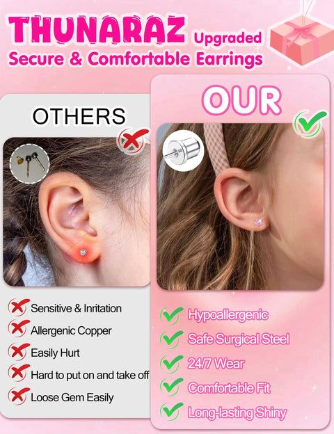 16 Pairs Hypoallergenic Screw Back Earrings Set For Girls And Kids Featuring CZ Studs, Pearl, Heart, Star, Flower And Ball Designs In Stainless Steel, Super Cute And Safe For Sensitive Ears. comparison graphic on child ears