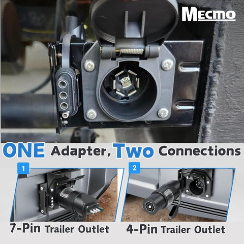 No Sweat Four Pin To Seven Pin RV Trailer Wiring Adapter With Dual Output Flat Harness and Brake Wire Circuit For Stress Free Towing Rig Setup close-up of 7-pin and 4-pin connectors.