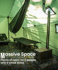 Interior view of Hammock Hot Tent With Stove Jack For Winter Camping, showing hammock, stove, and seating setup.