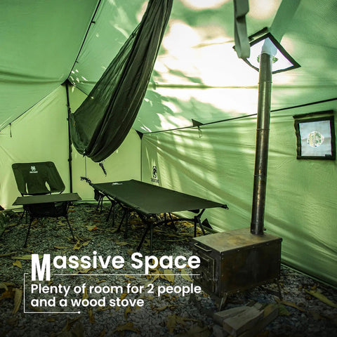 Interior view of Hammock Hot Tent With Stove Jack For Winter Camping, showing hammock, stove, and seating setup.