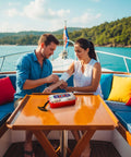 Couple on boat using a Marine Waterproof First Aid Kit For Boat Kayak And Beach With Floating Hard Case And Emergency Medical Supplies