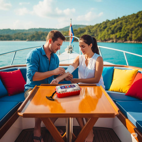 Couple on boat using a Marine Waterproof First Aid Kit For Boat Kayak And Beach With Floating Hard Case And Emergency Medical Supplies