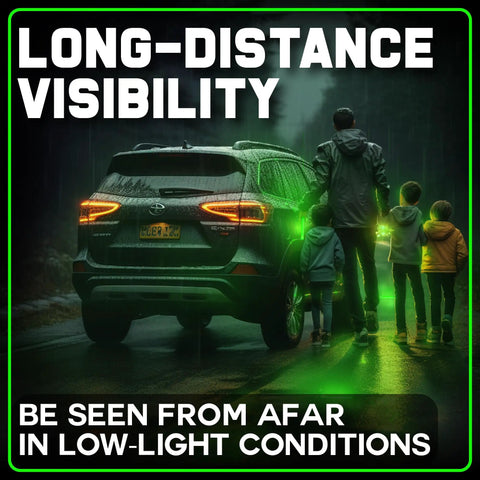 People holding green glow sticks near a car in low-light, illustrating Ultra Bright Green Glow Sticks Emergency Chem Lights 6 Inch 25 Pack Military Grade 12 Hour Bulk Tactical Light Sticks For Survival Gear Camping Power Outages.