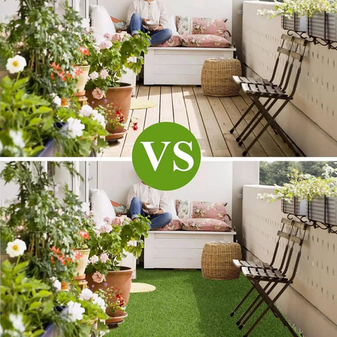 Comparison of a wooden terrace balcony before and after installing UV Resistant Artificial Turf Synthetic Grass For Outdoor Lawn That Looks Real Non Toxic Garden Flooring For Terrace Balcony And Yard Low Maintenance Durable Mat With Drainage 1x6m Or 3x20ft.
