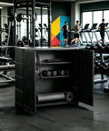 10 Cu Ft Outdoor Storage Cabinet With One Adjustable Shelf Waterproof UV Resistant Resin in a gym, door open showing interior shelves.