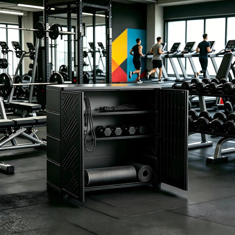 10 Cu Ft Outdoor Storage Cabinet With One Adjustable Shelf Waterproof UV Resistant Resin in a gym, door open showing interior shelves.