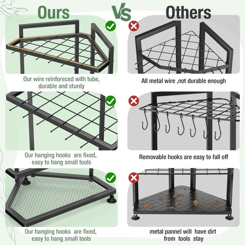 Comparison of corner triangular garden tool organizer showing durable steel construction and fixed hooks