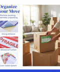 Color Coded Moving Box Labels 160 Pack With Writable Notes Area 6x4 Inches for Home Moving and Shipping, shown on boxes