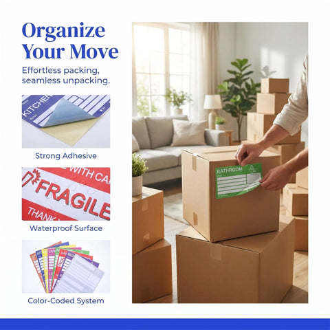Color Coded Moving Box Labels 160 Pack With Writable Notes Area 6x4 Inches for Home Moving and Shipping, shown on boxes