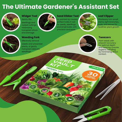 Over 18,000 Heirloom Seeds in a 30 Varieties Veggie Garden Pack with gardening tools on a wooden surface