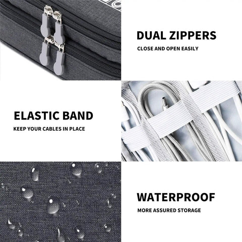 Waterproof Electronics Travel Organizer Bag With Double Layer Tangle Free Pockets Portable Cable Case For Cords Chargers