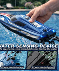 Man holding Fast 25 KPH RC Speed Boat For Kids With LED Lights Long Range 2.4GHz Remote Self Righting Waterproof Racing Boat for pool