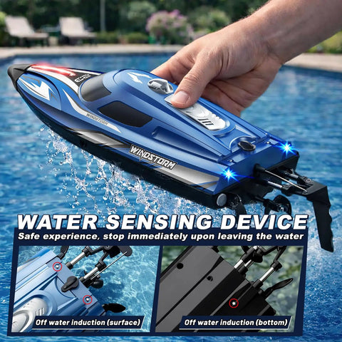 Man holding Fast 25 KPH RC Speed Boat For Kids With LED Lights Long Range 2.4GHz Remote Self Righting Waterproof Racing Boat for pool