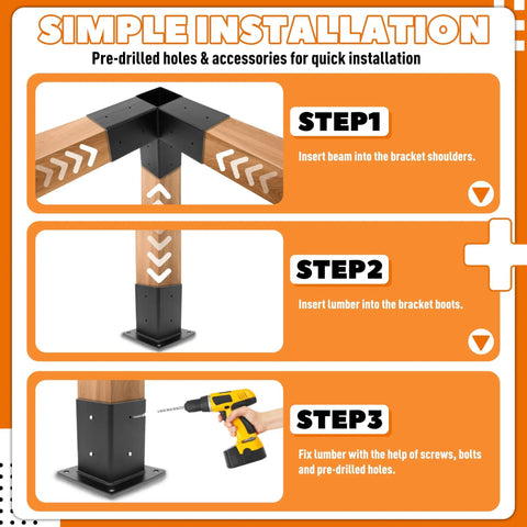 DIY Outdoor Pergola Brackets Kit With 3-Way Right Angle Corner And Base Brackets Actual 3.9 x 3.9 Inch For 4x4 Wood Posts Elevated Wood Stand Kit For Easy Outdoor Pergola Projects