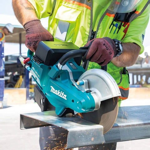 Straight Up Beast Mode 9 Inch Cordless Power Cutter With Brushless Motor cutting through metal with sparks in outdoor setting.