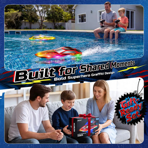 Two Pack Fast RC Boats For Kids With 4x1200mAh Batteries, 120 Minute Run Time, 7 LED Modes, Capsize Recovery, Pool And Lake Toy