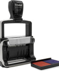 Heavy Duty Self Inking Stamp With Dual Color Blue Red Ink, Preloaded Office Messages And Built In Dater, showing black and silver frame with ink pad.