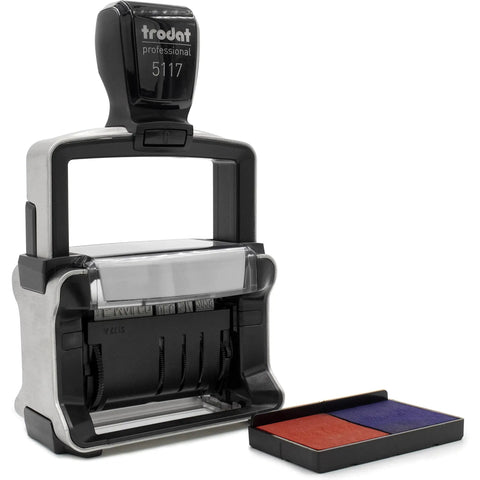 Heavy Duty Self Inking Stamp With Dual Color Blue Red Ink, Preloaded Office Messages And Built In Dater, showing black and silver frame with ink pad.