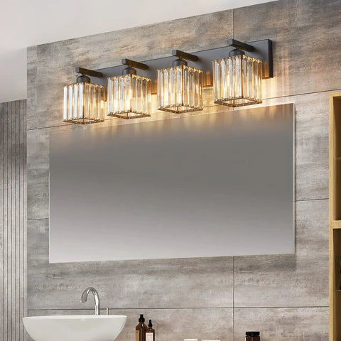 Modern Black Crystal Bathroom Vanity Light 4 Lights Wall Fixture With Clear K9 Crystals above a bathroom mirror