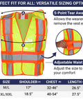High Visibility ANSI Class 2 Breakaway Safety Vest With Five Pockets Yellow Breathable Mesh Size Chart and Features XL XXL