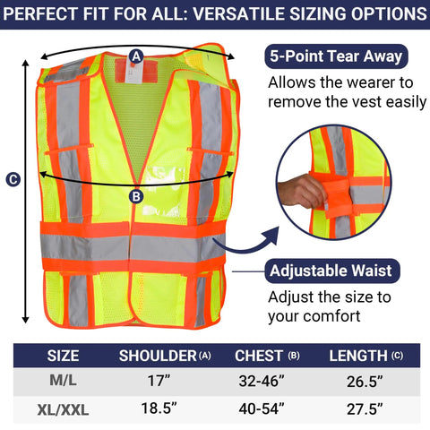 High Visibility ANSI Class 2 Breakaway Safety Vest With Five Pockets Yellow Breathable Mesh Size Chart and Features XL XXL