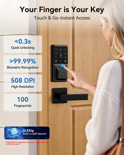 Slick Fingerprint Smart Lock With Smooth Keyless Entry, AI Self Learning Handle Set, App Pin Code And Key Fob Access, Zero Hassle Front Door Security Setup For Your Home with biometric touchscreen.
