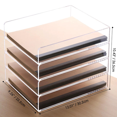 Clear Acrylic 4 Tier Stackable Desk Organizer Trays For A4 And Letter Papers Files Folders And Office Supplies Modular Desktop Storage Shelf For Home And Office Organization Keeps Your Desk Setup On Point, side view with dimensions.