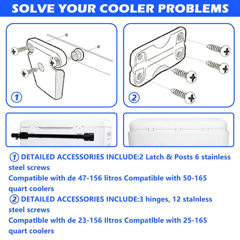 Beefy Cooler Hinge And Latch Kit With Screws, Heavy Duty Ice Chest Replacement Parts Includes 3 Hinges 2 Latches 18 Stainless Steel Screws