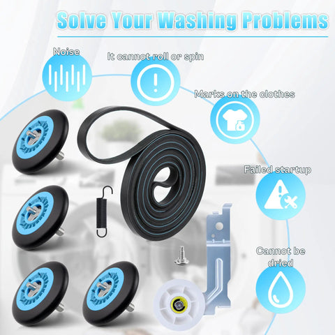 Upgraded Dryer Roller Kit For DV42H5200EW/A3 DV40J3000EW/A2 DV48H7400EW/A2 DV42H5200EP/A3 parts layout with belt, rollers, pulley.