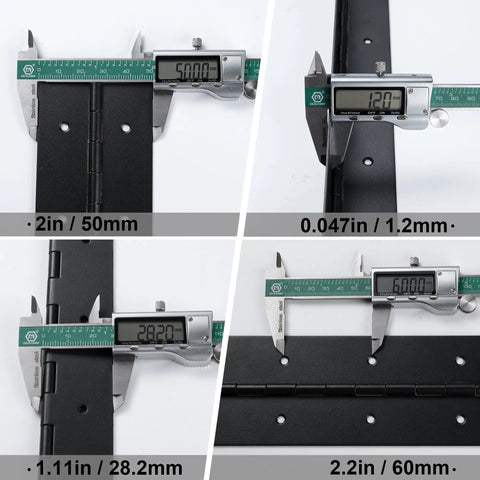 Two Pack Heavy Duty Piano Hinge 48 Inch By 2 Inch Actual 0 047 Thick 304 Stainless Steel Black Continuous Hinge showing measurements.