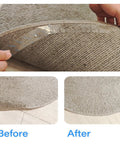 Application of Eight Pack Rug Gripper Pads For Round Rugs 4x4 To 6x6 Feet With Curved Edge Design on a beige rug, before and after.