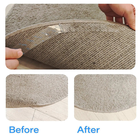 Application of Eight Pack Rug Gripper Pads For Round Rugs 4x4 To 6x6 Feet With Curved Edge Design on a beige rug, before and after.