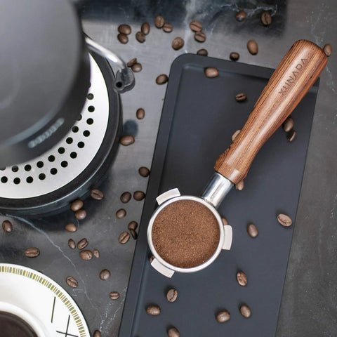 Ultra Thick Espresso Tamping Mat For Large 5x12 Inch Coffee Bar Station Silicone Tamper Pad under portafilter with beans.