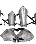 Medieval Iron And Steel Armor Set Featuring Gorget Arm Guards Vambraces Leg Greaves Burgonet Helmet And Pauldrons 18 gauge