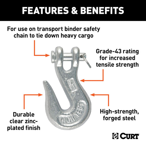 Close-up of Forged Steel Clevis Grab Hook With 5/16 Inch Pin, 3,900 Lb Work Load Limit showing features and benefits.