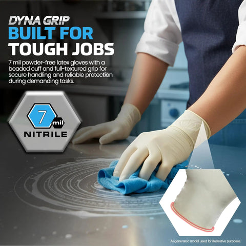 Heavy Duty Extra Large Powder Free Latex Gloves Featuring A Tough As Nails Textured Grip And Comfortable Beaded Cuff Made For Garage Grind Kitchen Cleanup Or Daily Janitorial Hustles In 100 Count Box used for cleaning with a blue cloth, showing textured grip.