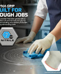 Heavy Duty Powder Free Latex Disposable Gloves 7 Mil Thick 2XL 100 Pack With Textured Grip And Beaded Cuff For Auto Shop Grinds Daily Shifts And Nasty Grease Cleanup, shown while cleaning surface.