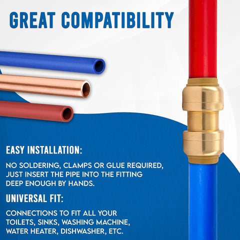Plug And Play Three Quarter Inch To Three Quarter Inch Push Fit Straight Brass Couplings No Sweat Leak Proof Plumbing Connector Tool Free Pipe Joiner Get It Done Fast Pack Of Twenty Pieces with colorful pipes and brass connector.