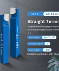 Two blue AR-4/AL-4 carbide-tipped lathe tool blades for straight turning