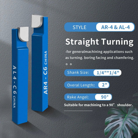 Two blue AR-4/AL-4 carbide-tipped lathe tool blades for straight turning