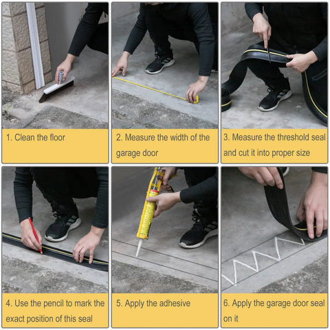 Steps of DIY installation for Garage Door Bottom Seal Weather Stripping Kit, 10 Ft Rubber Threshold Seal With Adhesive And Sealants