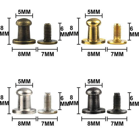 Kickass 150 Piece Punk Spikes And Rivets Kit Featuring Round Head Screw Back Construction In Silver Gold Bronze And Gunmetal Finish, showing 5mm head and 8mm height dimensions.