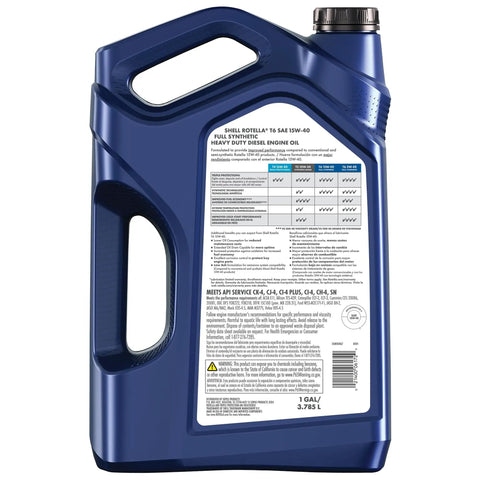 Full Synthetic 15W-40 Diesel Engine Oil 1 Gallon jug side view with label showing specifications and benefits.