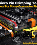 Micro pin crimping tool set on circuit board with adjustable pressure, ideal for crimping micro connector pins in electronics.
