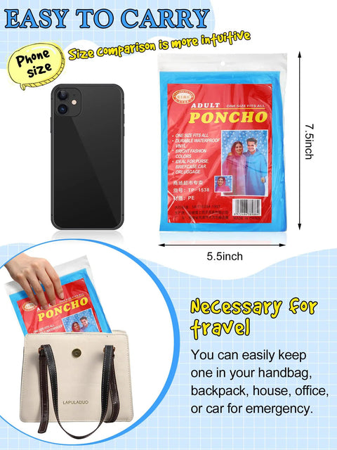 40 Pack Disposable Rain Ponchos For Adults With Drawstring Hood And Elastic Sleeves, comparison to phone size next to bag